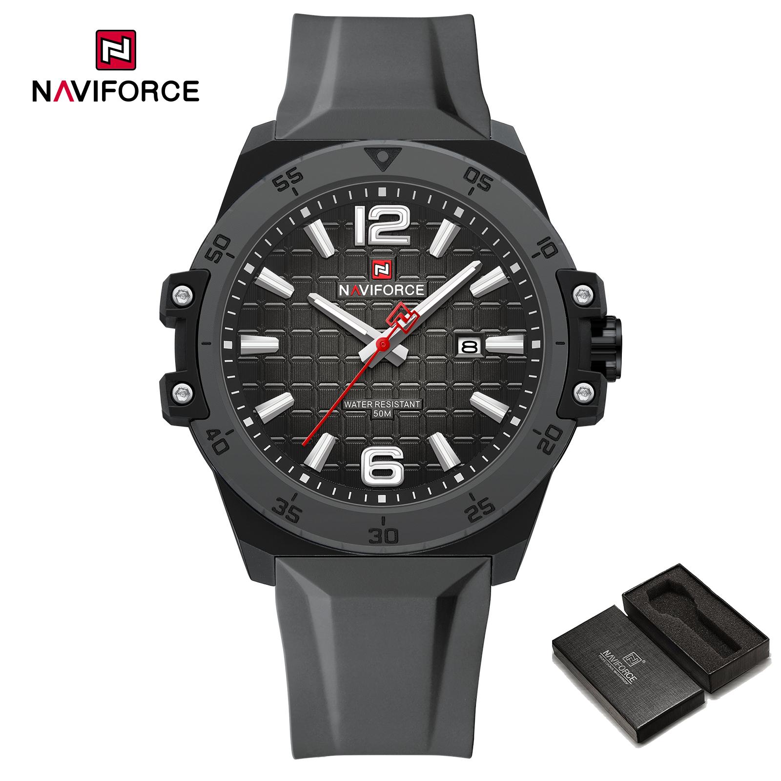 Naviforce Оригинальные модные кварцевые мужские часы силиконовый ремешок водонепроницаемость 50 м календарь светящиеся стрелки мужские мальчиковые повседневные легкие часы NF7122 серый