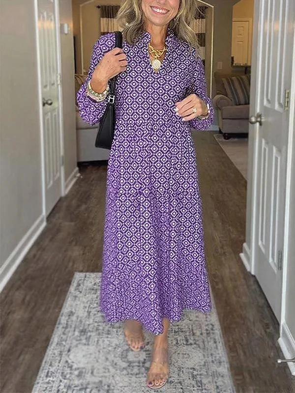 European V-Neck Nine-Sleeve Diamond Print Dress - 2025 Hot Trend
