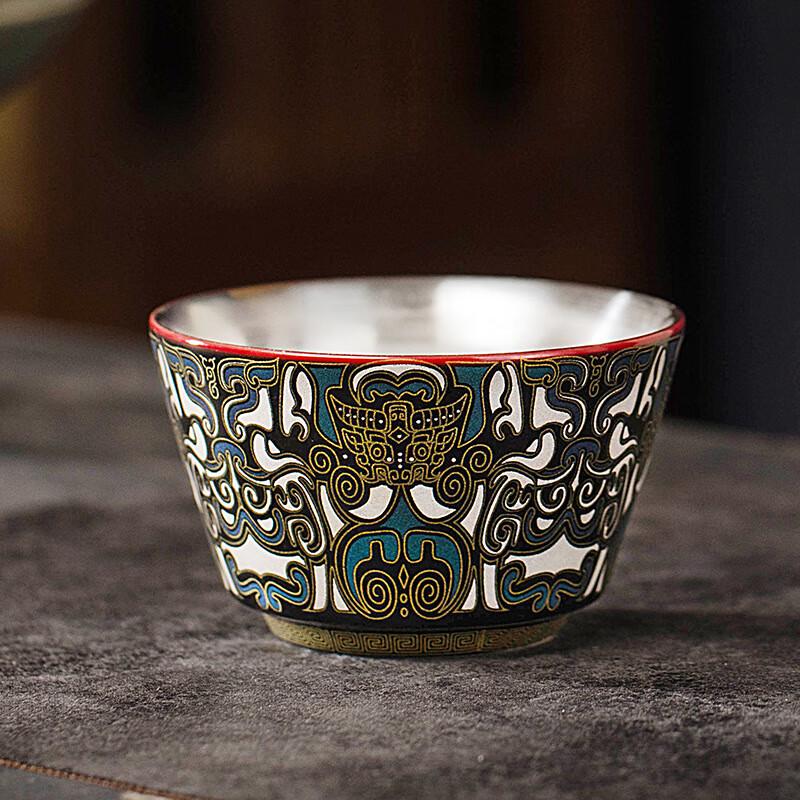 

999 Silver Inlaid Ceramic Kung Fu Tea Cup with Taotie Design