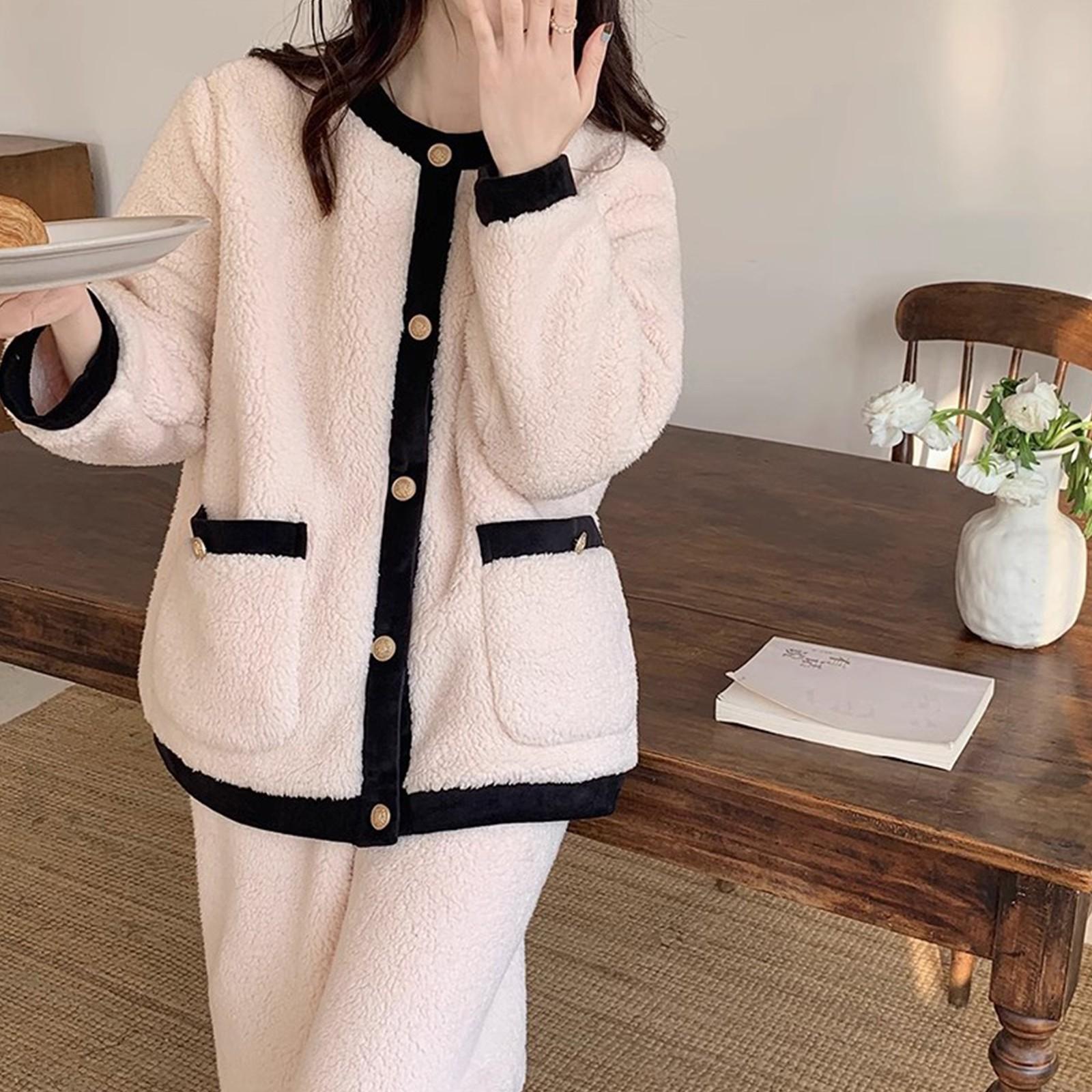 

Женский фланелевый кардиган с длинными рукавами и V-образным вырезом, толстый теплый комплект домашней одежды для девочек L чёрный