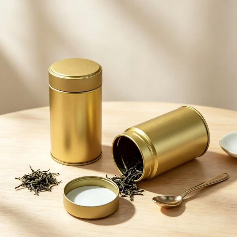 Fitted-Lid Tea Powder Storage Tin, Cylindrical Tinplate Canister for Organizing Tea Leaves, Spices, and Sugar Packets