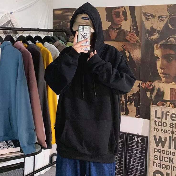 

Men s Hong Kong Style Fleece-Lined Hooded Sweatshirt - Loose, Simple, and Thickened M