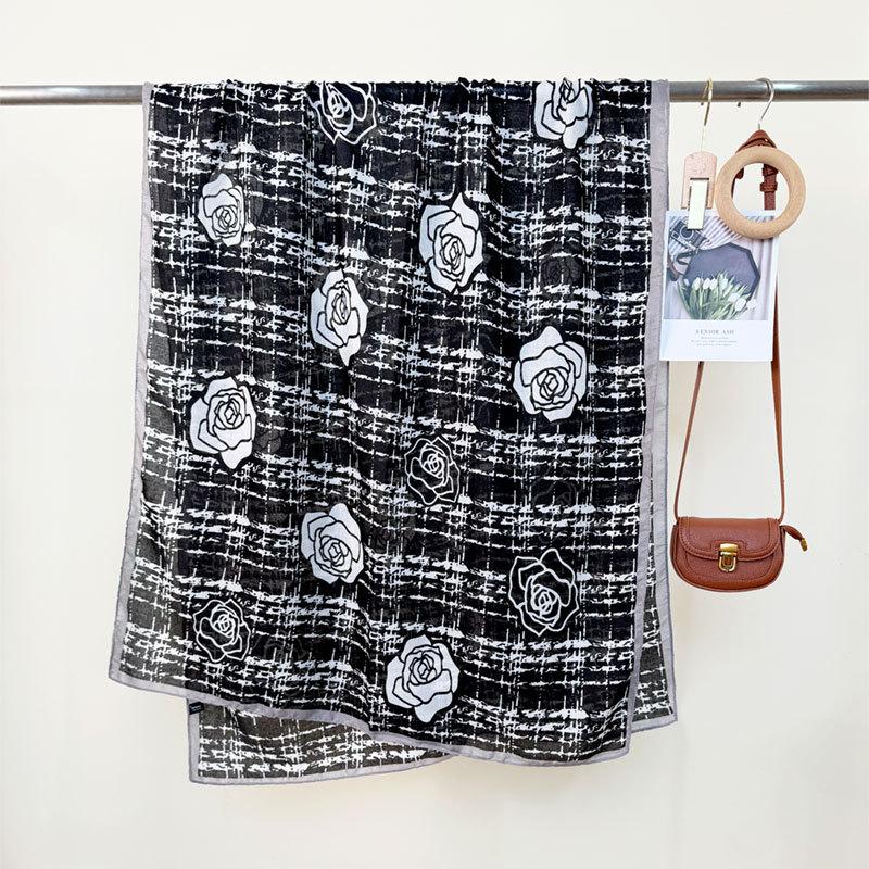 New spring and summer plaid rose scarf women's thin classic camellia breathable shawl travel sun protection