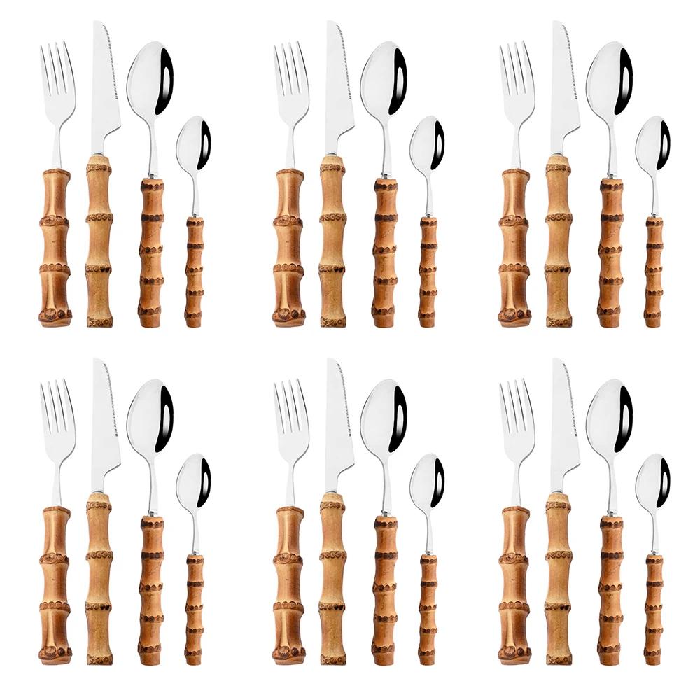 24Pcs Bamboo Cutlery Sets Stainless Steel Dinnerware Sets Gold Wooden Tableware Western Food Knife Fork Teaspoon Cutleries