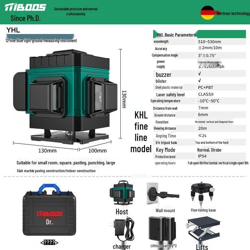 12-Line Green Laser Level with Infrared, Outdoor Strobe, Wall & Floor Mount, Automatic Leveling, Water-Resistant