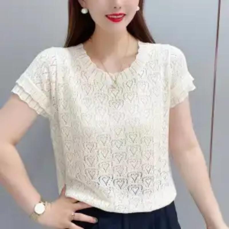 Women's White Heart Hollow Lace Round Neck Short Sleeve Loose Fit Casual Blouse