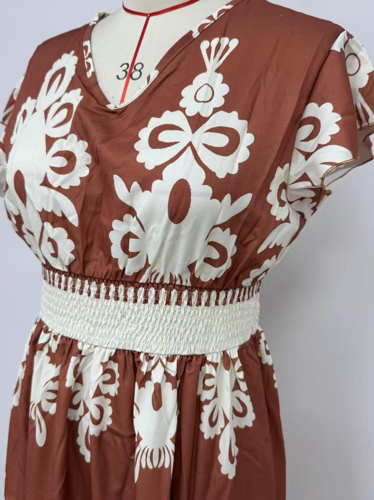 2025 European and American V-neck Waist-Cinching Summer Print Long Dress for Women