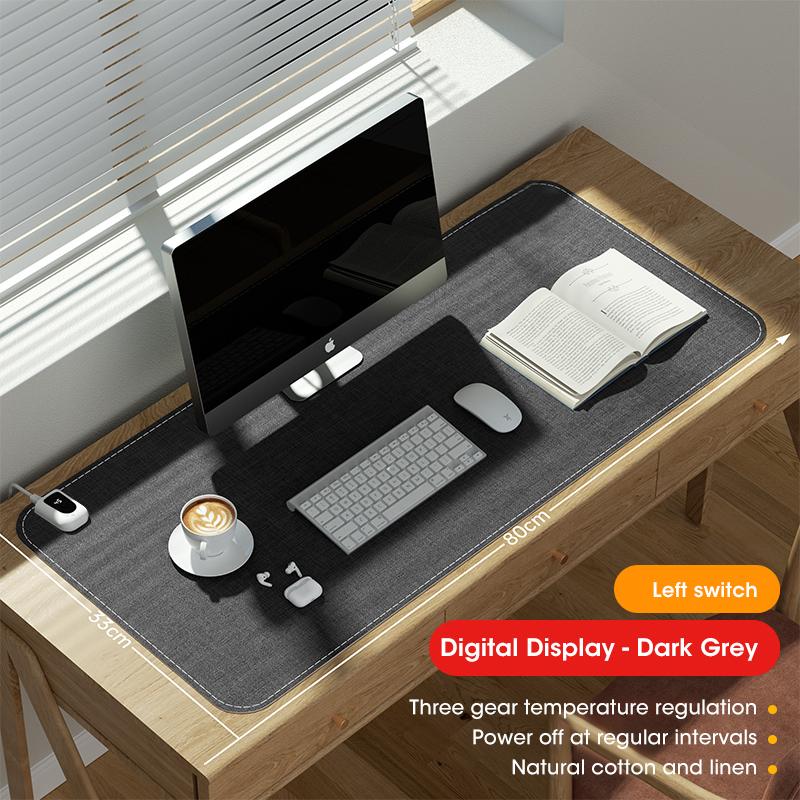 80x33cm Large Electric Heated Desk Mat with Left Digital Display Light Grey Warms Keyboard Mouse for Home Office