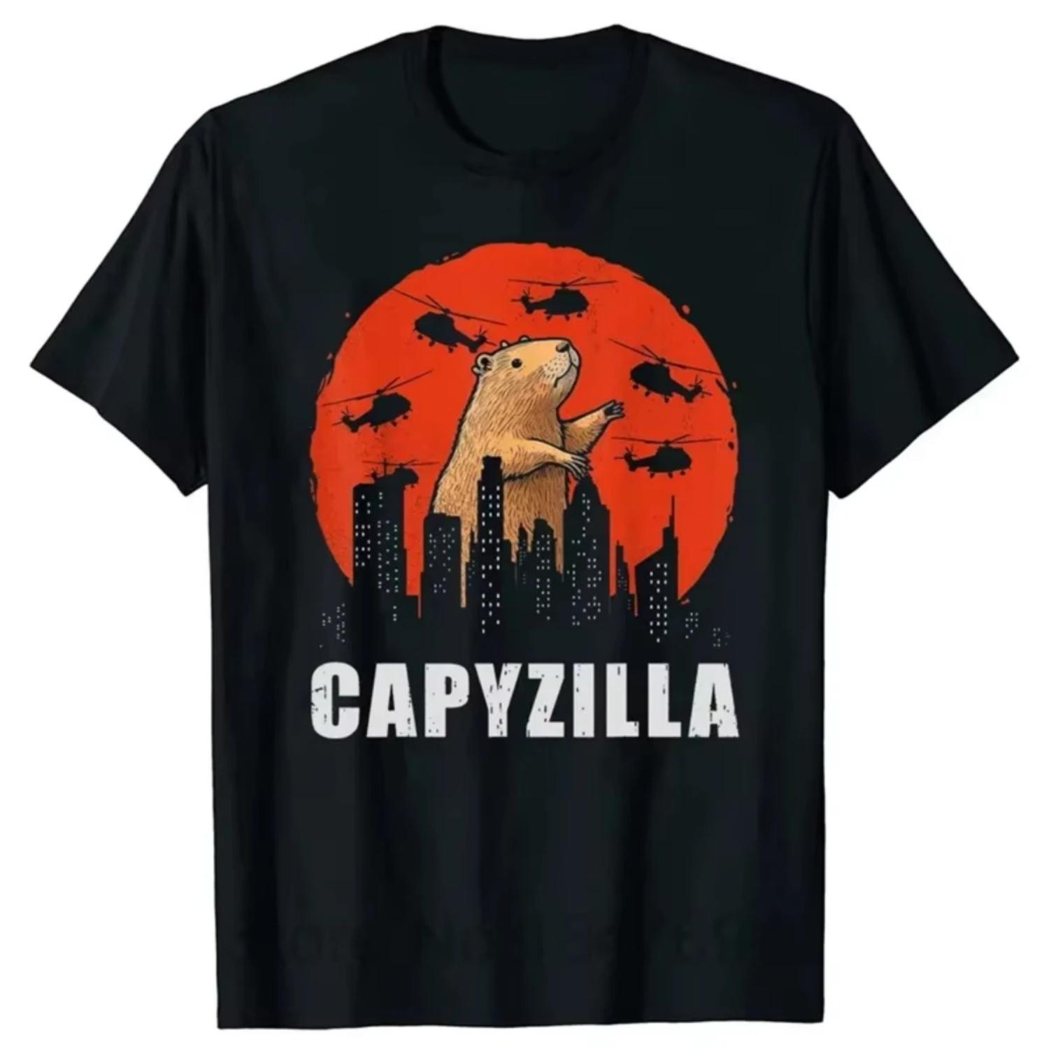 

Retro Pattern T-Shirts Funny Capybara Printed TShirt for Women Summer Casual Fashion Loose Round Neck Tops Streetwear S чёрный
