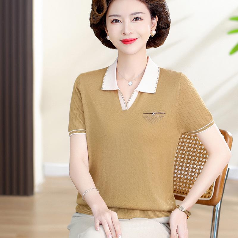 Stylish Embroidered Ice Silk Polo Shirt: Women's Color Block Short Sleeve Summer Tee