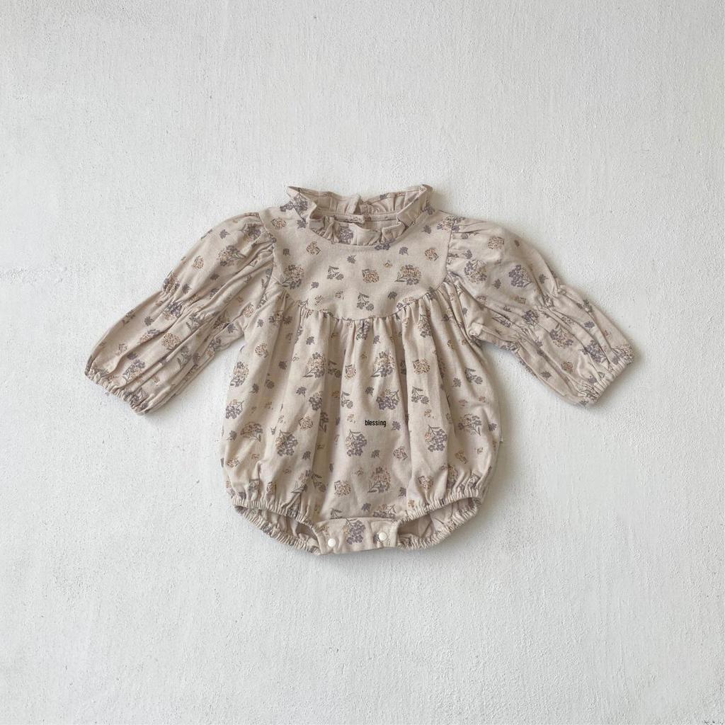 2026 Tavaszi Retro Virágos Baba Jumpsuit fodros gallérral és patentos aljjal - Aranyos Kislánykák Mászó Body