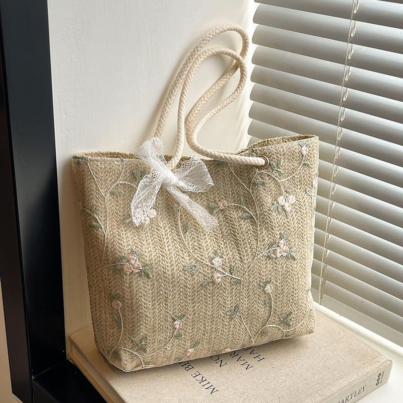 Casual Retro Large Capacity Tote Bag For Summer 2024 Stylish Handheld Design In Khaki And White