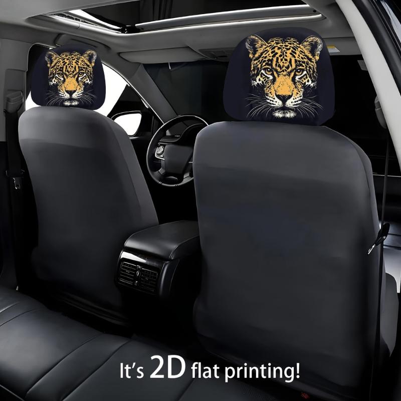 Headrest Cover Pair for Car Cabin Style, Animal Face Print on Polyester Fabric with Slip-On Elastic Edge Design for Daily Driving and Plain Headrest