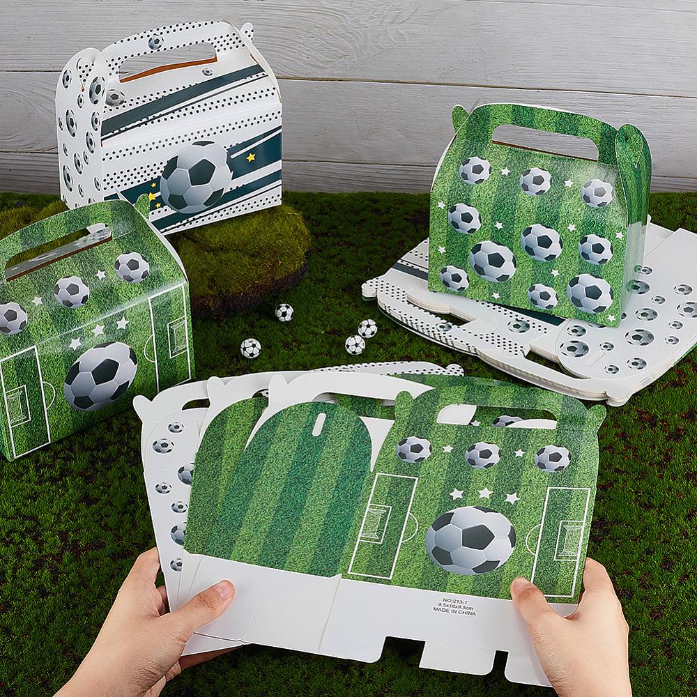 16Pcs 2 Colors Football Print Paper Boxes with Handle Hole Portable Gift Boxes for Wedding Candy Boxes Rectangle Mixed Color 16x9.5x17cm