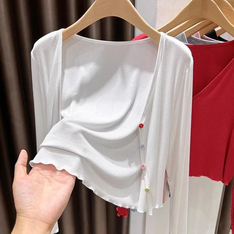 Damen Hellgrau Gerippt Gestrickt Cropped Cardigan Bunter Knopf Offene Vorderseite Lässiger Bolero