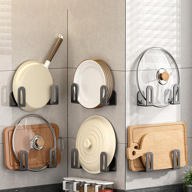 2pcs Pot Lid Holders Inside Cabinet Wall Mount Pot Lid Hanger No Drilling Adhesive Vertical Cookware Storage Rack For Kitchen