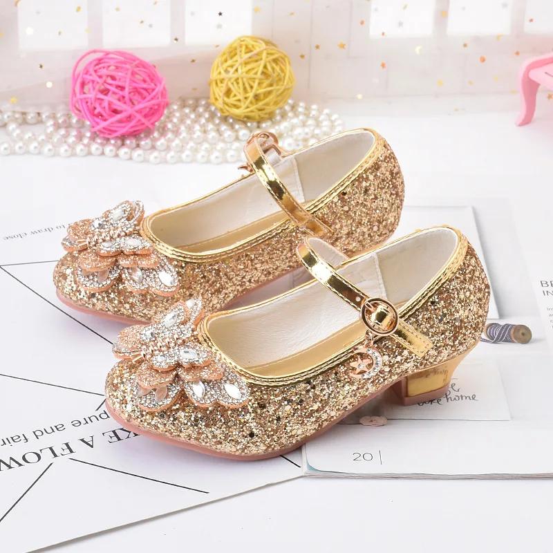 Fashion Children Princess Shoes Glitter Rhinestone Girls High-heels Leather Shoes for Party Wedding Kids Versatile Single Shoes