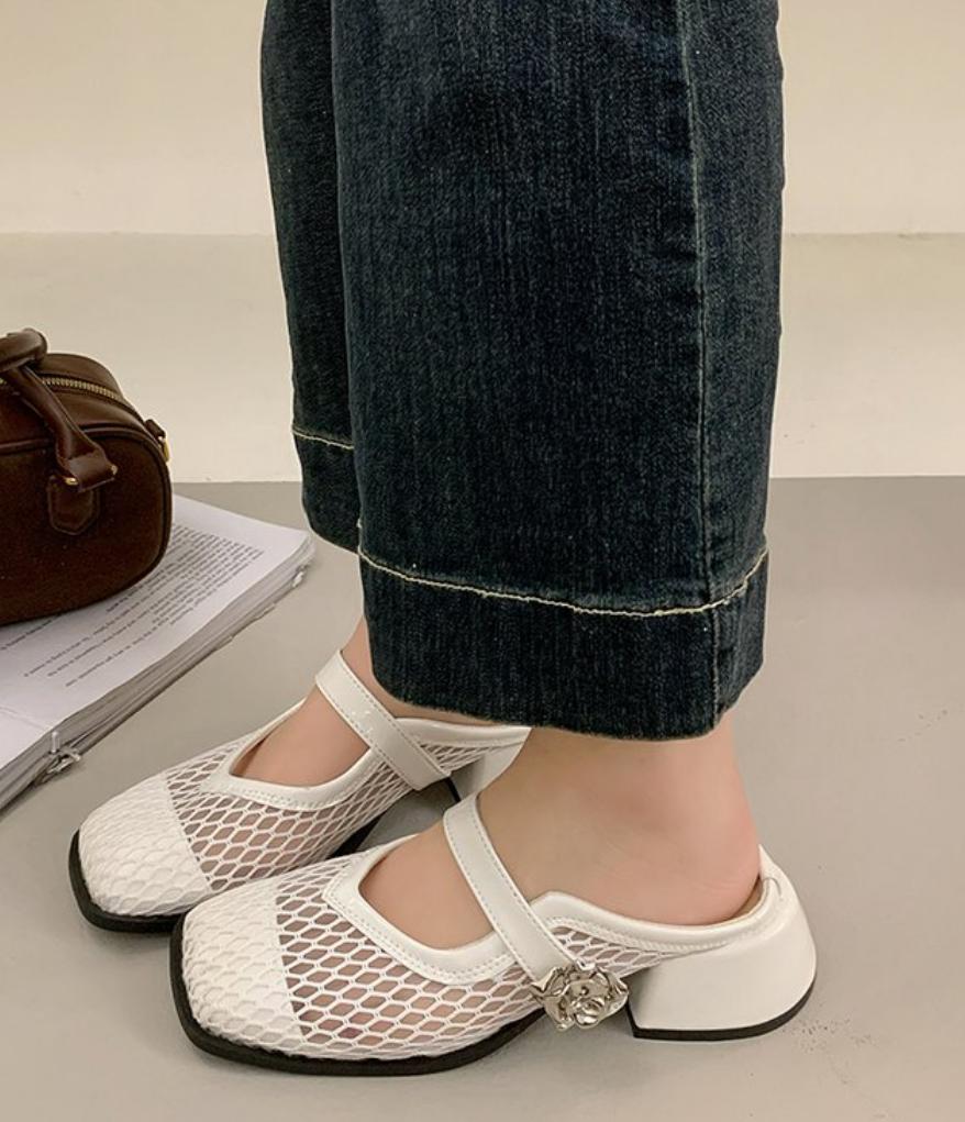 Fashion 2025 Summer Breathable Mesh Hollow Mules Slippers Women Square Head Mary Jane Shoes Women Chunky Heels Square Head Half Slippers