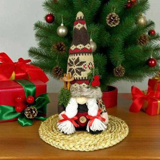 Christmas Plush Gnome Decoration Handmade Elf Dwarf Figurine with Knitted Hat Pine Branches Winter Stuffed Swedish Doll