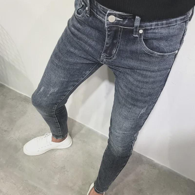 Korean Style Trendy Slim-Fit Men's Jeans - Versatile, Elastic Nine-Point Skinny Pants