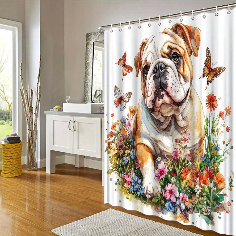 Englische Bulldogge & Schmetterlinge Duschvorhang - Aquarell-Design, Wasserabweisendes Polyester, 12 Haken, Landschaftsthema