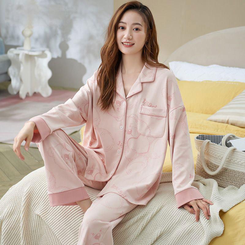 Spring and Autumn New High-end Imitation Cotton Pajamas Women's Summer Long-sleeved Trousers Set Women's Loose Large-size Loungewear