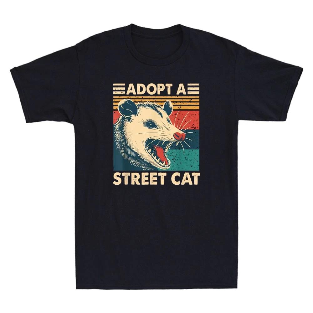 Men's and Women's T-shirts Adopt A Street Cat Funny Opossum Animal Graphic Humor Quote Retro