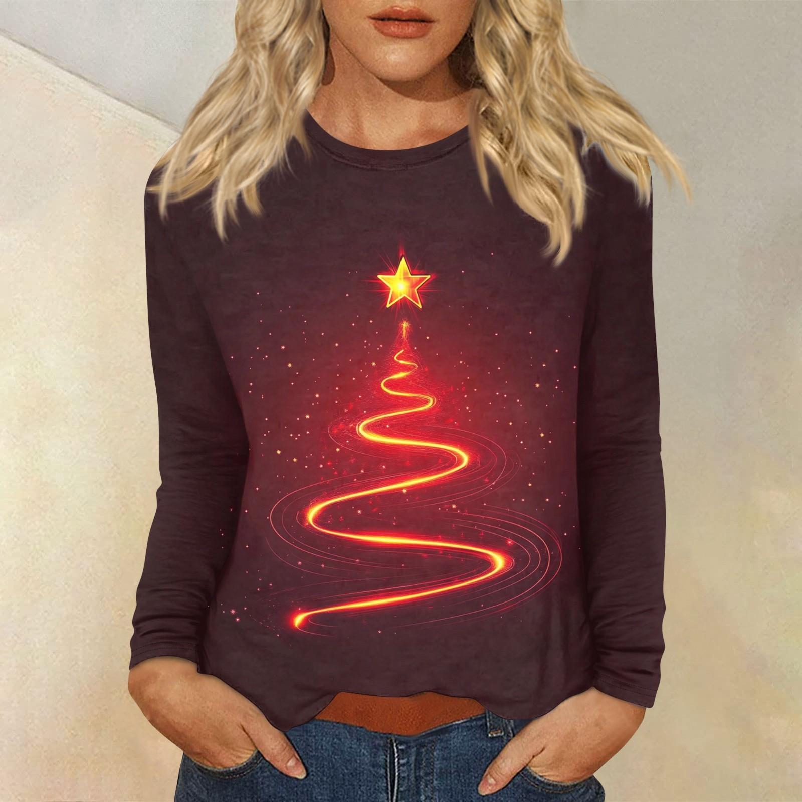 

Женский повседневный повседневный топ с длинными рукавами и рождественским принтом с круглым вырезом XXXXXL винный