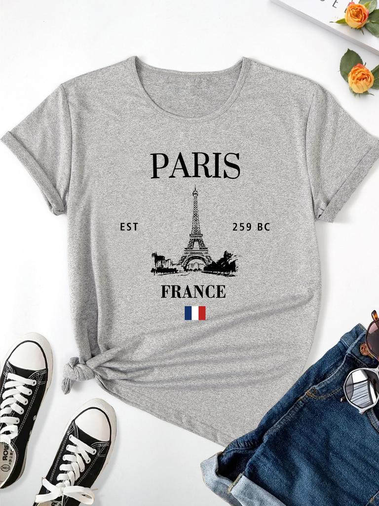 Paris Eiffel Tower Print T-shirt, Casual Crew Neck Short Sleeve Top For Spring & Summer, Women's Clothing