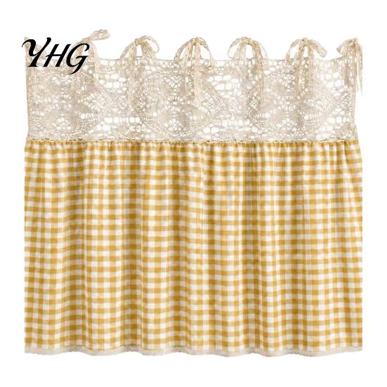 Vintage Plaid Oven Handle Trim Farmhouse Stove Skirt, Crochet Lace Curtain, Kitchen Appliance Shield Skirt Curtain with Ties for Cottage Decor