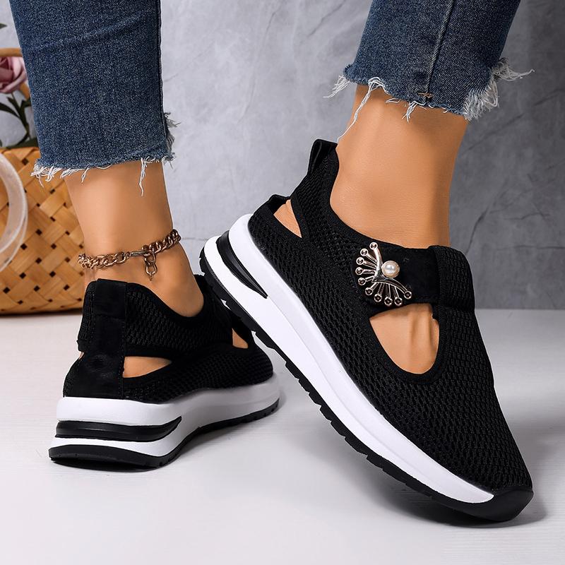 Fashion Jewel Metal Comfort Light Sneakers Women Hollow Out Breathable Mesh Shoes Woman Summer Thick Sole Non Slip Platform Casual Shoes