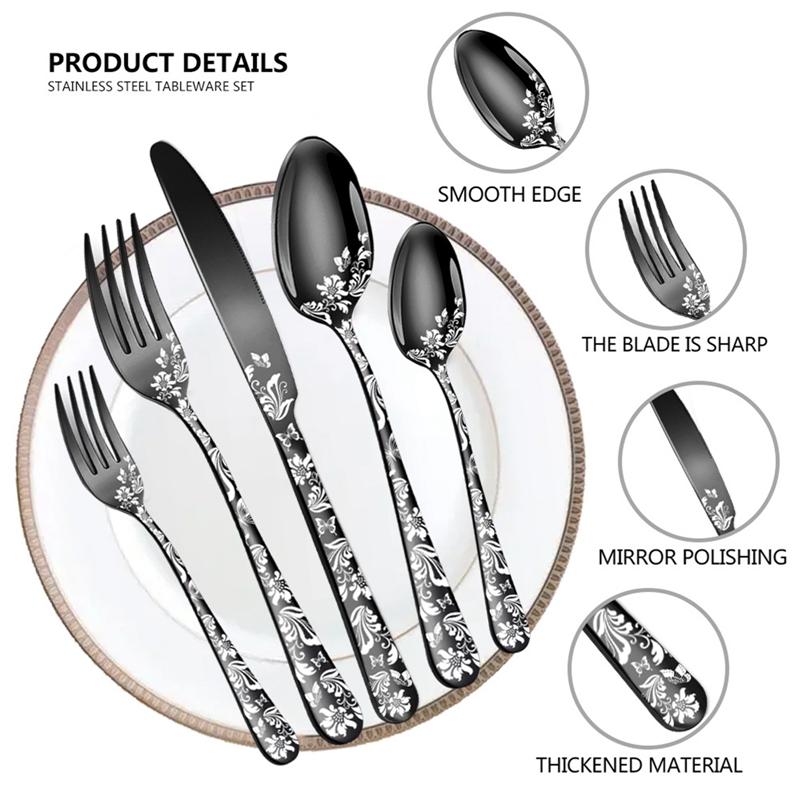 40Pcs Laser Christmas Pattern Flatware Set Stainless Steel Dinnerware Cutlery Set Black Knife Fork Kitchen Tableware Set New