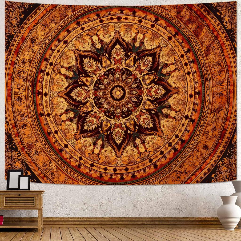 Bohemian Mandala Tapestry, Intricate Floral Design In Warm Orange & Brown Hues, Wall Art for Cozy & Eclectic Rooms