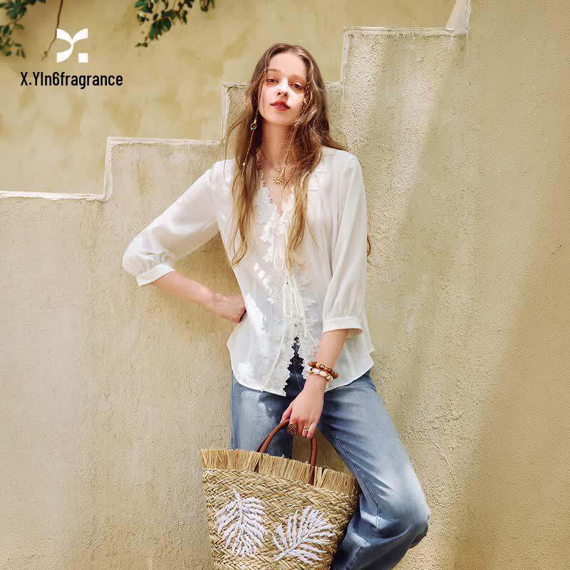 Women s French V-Neck Lace-Trim Tie-Up Linen Blend Shirt M