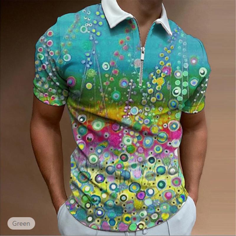 Casual Lapel T-shirt Young Men's Fashion Zipper T-shirt Short Sleeve T-shirt Men's 3D Flower Garden Graffiti Print T Shirt