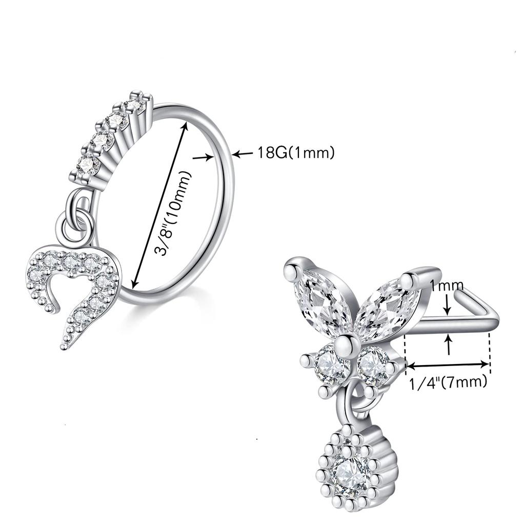 10Pcs Nose Rings Studs Surgical Steel 18 20G Nose Hoop Corkscrew L Shaped Nose Piercing Jewelry for Women
