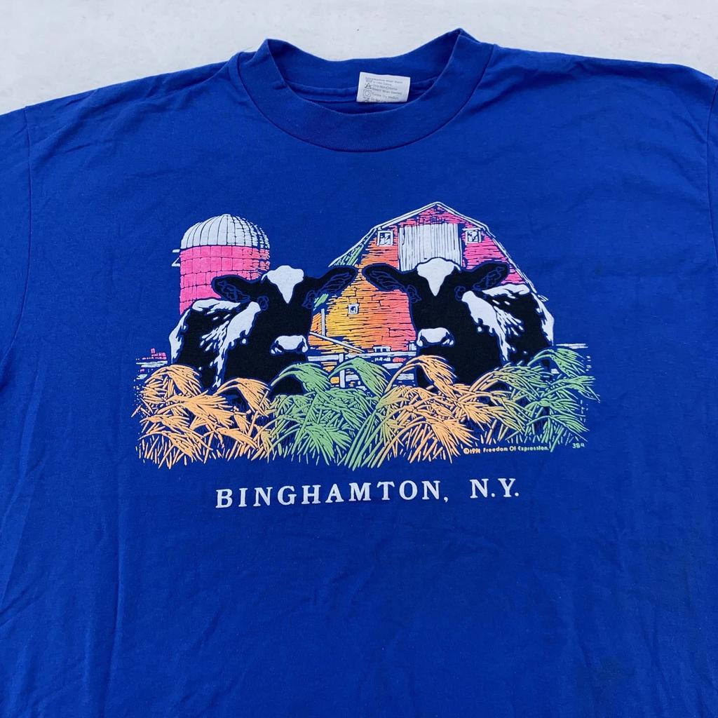 Vintage Binghamton New York Neon Cow Shirt Mens L/XL Barn Farm Made USA 90s