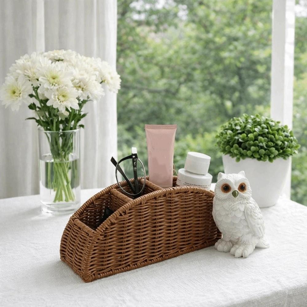 Imitation Rattan Remote Control Storage Box Handwoven Vintage Style Remote Control Holder 4 Grids Synthetic Rattan Organizer