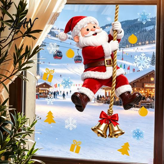 Seasonal Home Ornament Christmas Window Cling, Santa Climbing Rope Sticker, Removable Static Cling Non Adhesive Clings PVC Tree Decal for Glass Doors