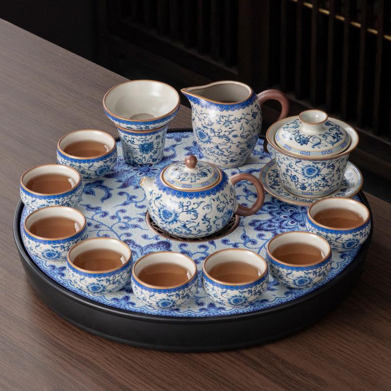 New Ru kiln ceramic kung fu tea set, a complete set of tea table, home office guest teapot, tea cup drinking set