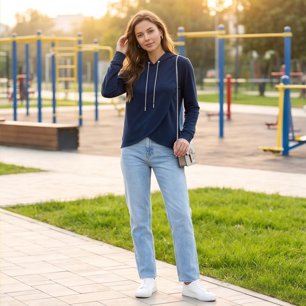 Damen Casual Strick-Kapuzenpullover mit, Asymmetrischer Lockere Passform, Taschenloses Sweatshirt