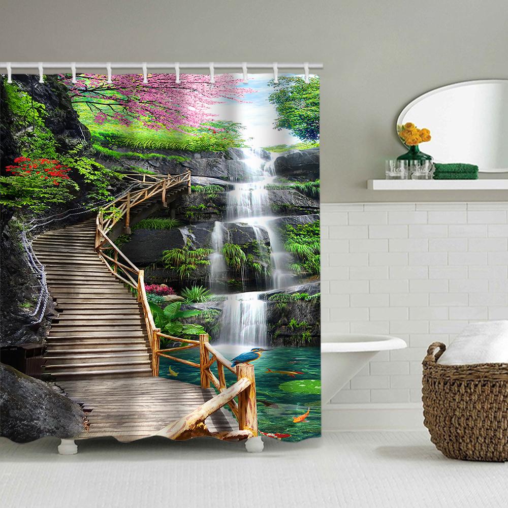 

1/4 Forest Waterfalls Shower Curtains, Toilet Seat Decoration, Shower Curtain With Carpet And Toilet Lid, 12 70.8X70.8 Inch Hook W60H190(CM)-1 Pcs