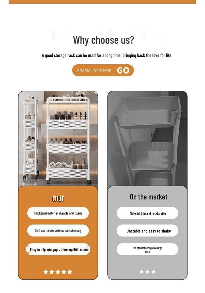 Multi-Layer Narrow Trolley Storage Rack with Wheels for Kitchen or Bathroom