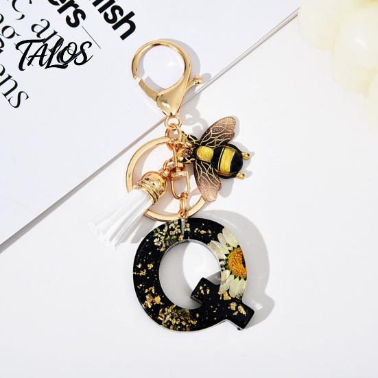 Talos Black Series Keychain Pendant, Dried Flower Initial Letter Charm Key Chain with Bee Tassel Design, A-Z Holder for Bag Purse Backpack