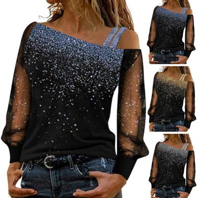 Dames Lente Herfst Top Eén schouder Schuine hals Glanzende pailletten Doorzichtige mesh Lange mouw Patchwork Los Zacht Casual Elegant Woon-werk T-shirt Blouse