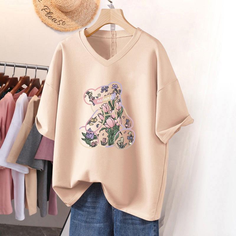 Short-sleeved T-shirt for Women, Large Size, Loose and Slimming, Printed V-neck Top