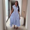 European and American Foreign Trade Women's Clothing 2026 Summer New Short-sleeved Striped Lapel Single-breasted Flower-decorated Long Dress