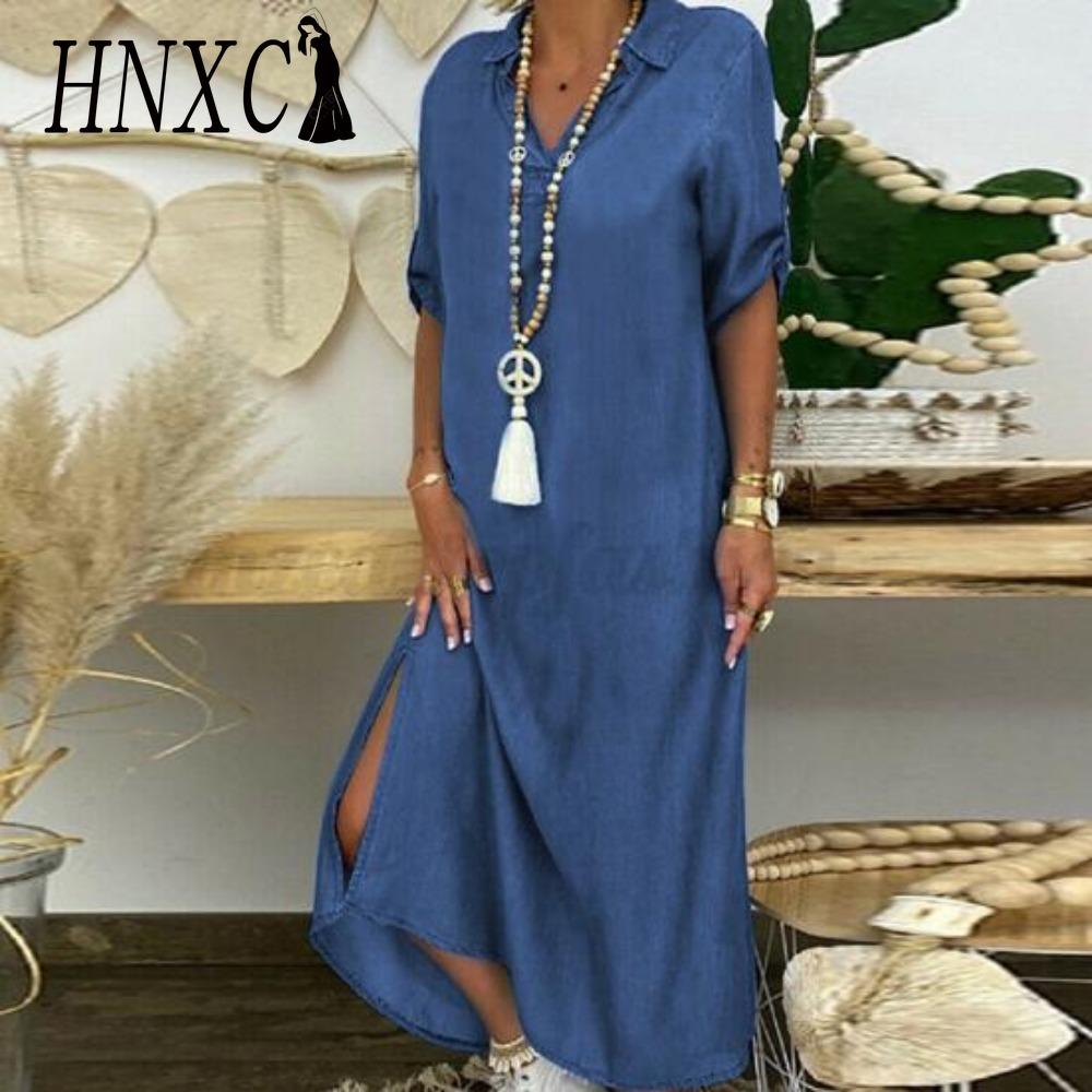 HNXC Letní džínové šaty pro ženy Ležérní jarní modré maxi šaty Výstřih do V Poloviční rukáv Nadměrná velikost Dlouhé šaty s rozparkem