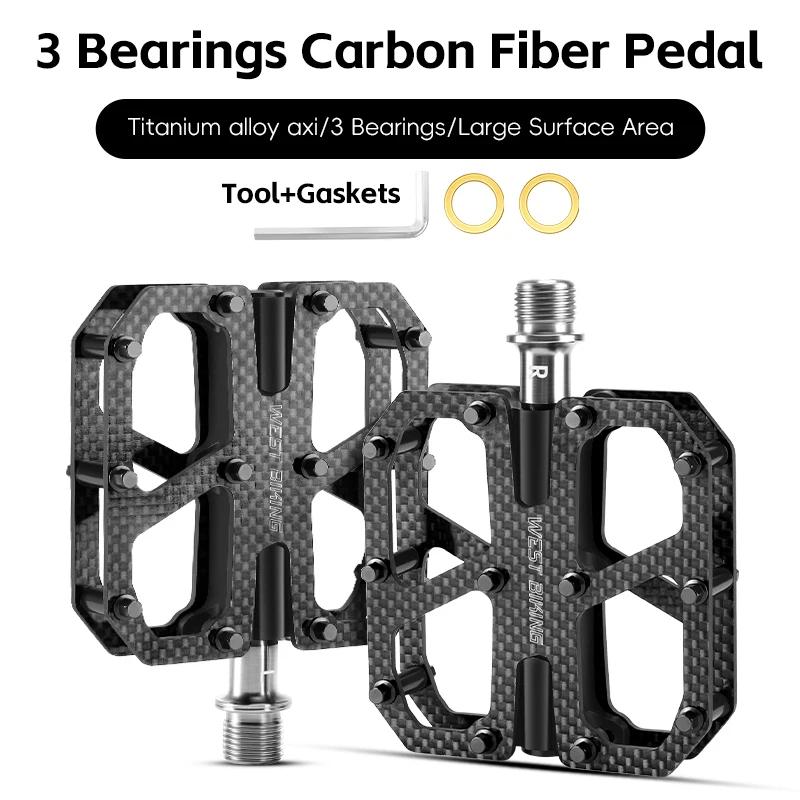 WEST BIKING Ultra-Light Carbon Fiber Pedals 3 Bearing Cycling Pedals Labor Saving Anti-Slip MTB Road Bicycle Pedal Accessories