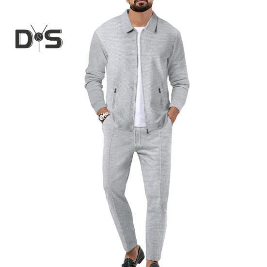 2Pcs/Set Men Autumn Suit Lapel Long Sleeve Zipper Placket Cardigan Elastic Drawstring Waist Long Pants Set Waffle Texture Casual Outfit